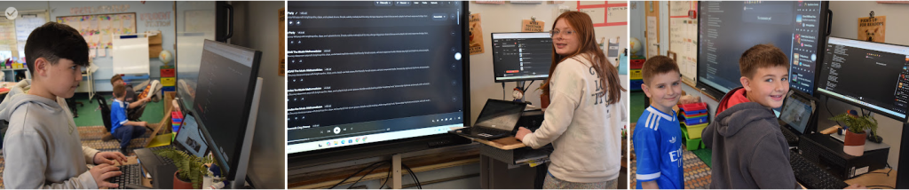 three photos of kids looking at computers